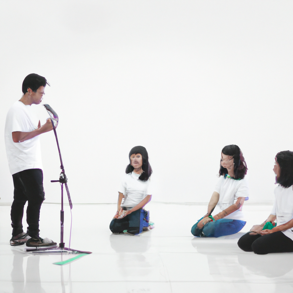 Vocal coach demonstrating breath support to Indonesian students in a bright, clean classroom.