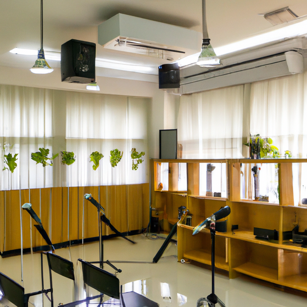 Modern vocal classroom in Indonesia with students practicing and teacher guiding, natural light and warm wooden decor
